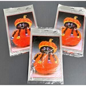 Lot of 3 VTG Paper Art Honeycomb Pumpkin Spider 13" Decorations Halloween Retro